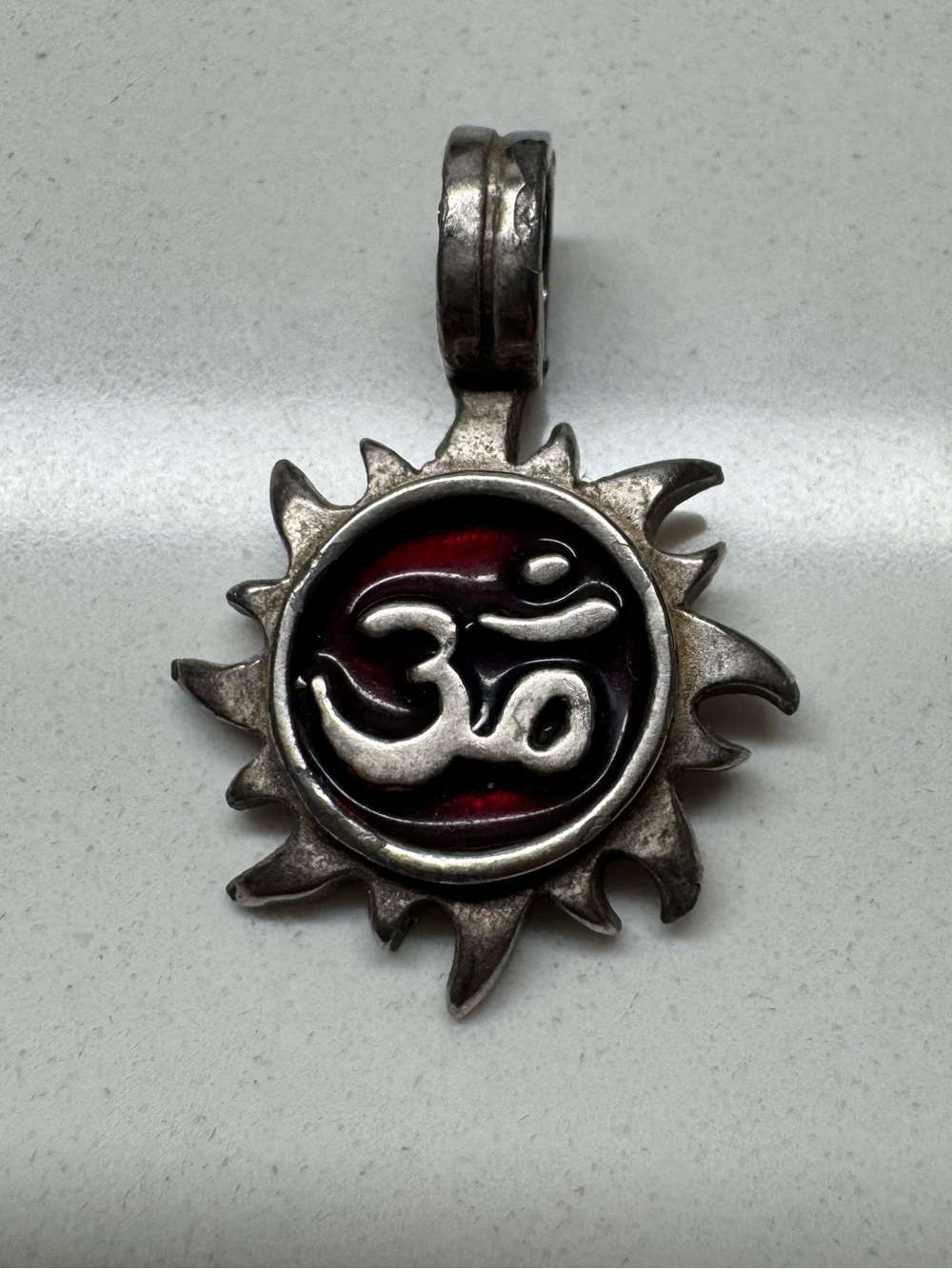 Vintage 90s Zik Zok Pewter Om Sun Pendant Necklace Charm Red Enamel